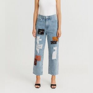 Cider Patchwork Distressed Wide Leg Jeans High Waisted Y2K Festival Denim | XS